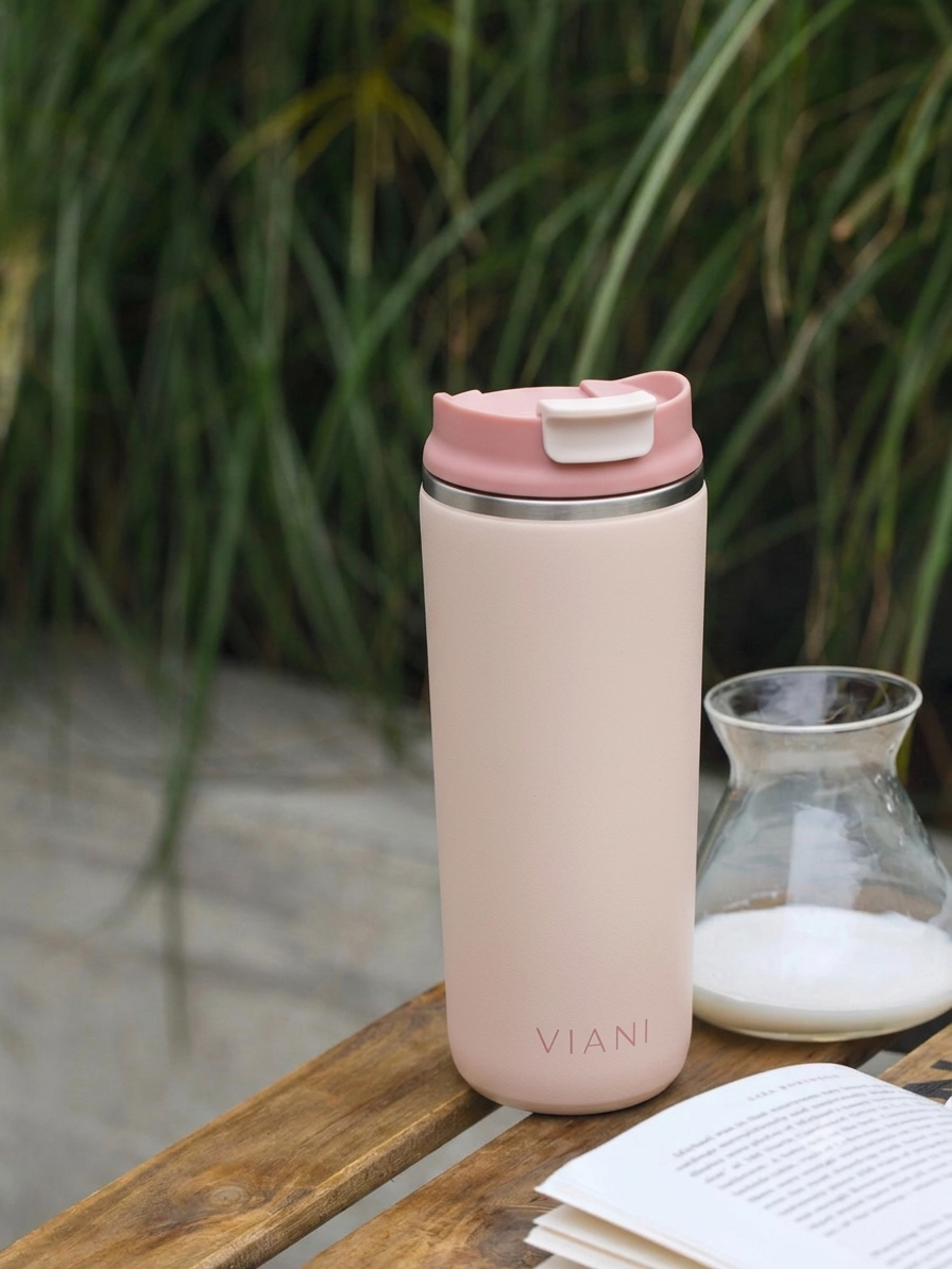 Vaso térmico MugsCafe VIANI rosa sobre un banco de madera al aire libre